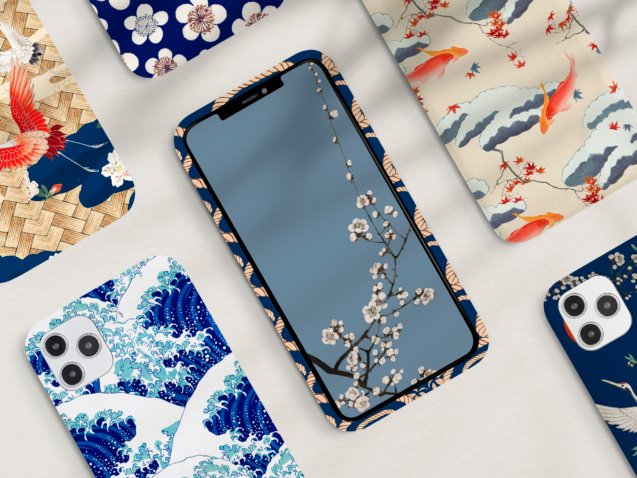 Vintage Japanese mobile phone case pattern set, remix of artwork by Watanabe Seitei